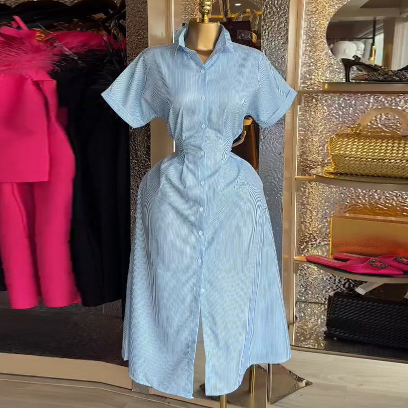 European and american cross-border women's fashion:  autumn new arrival - elegant striped, waist-defining, slim-fit, button-down short-sleeve shirt dress
