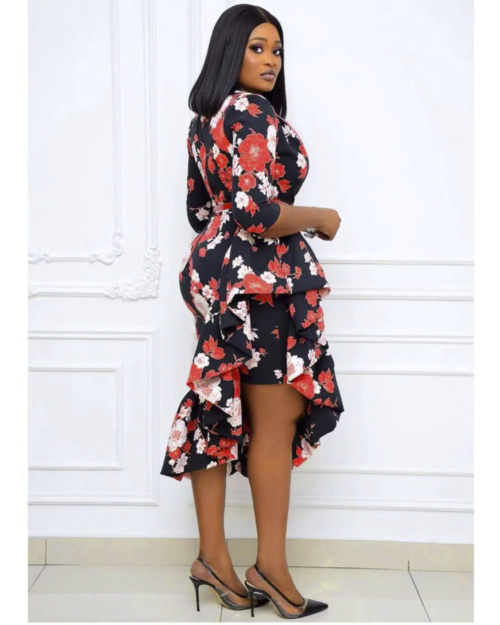 European and american african women's summer plus size clothing  v-neck private label socialite print irregular dress