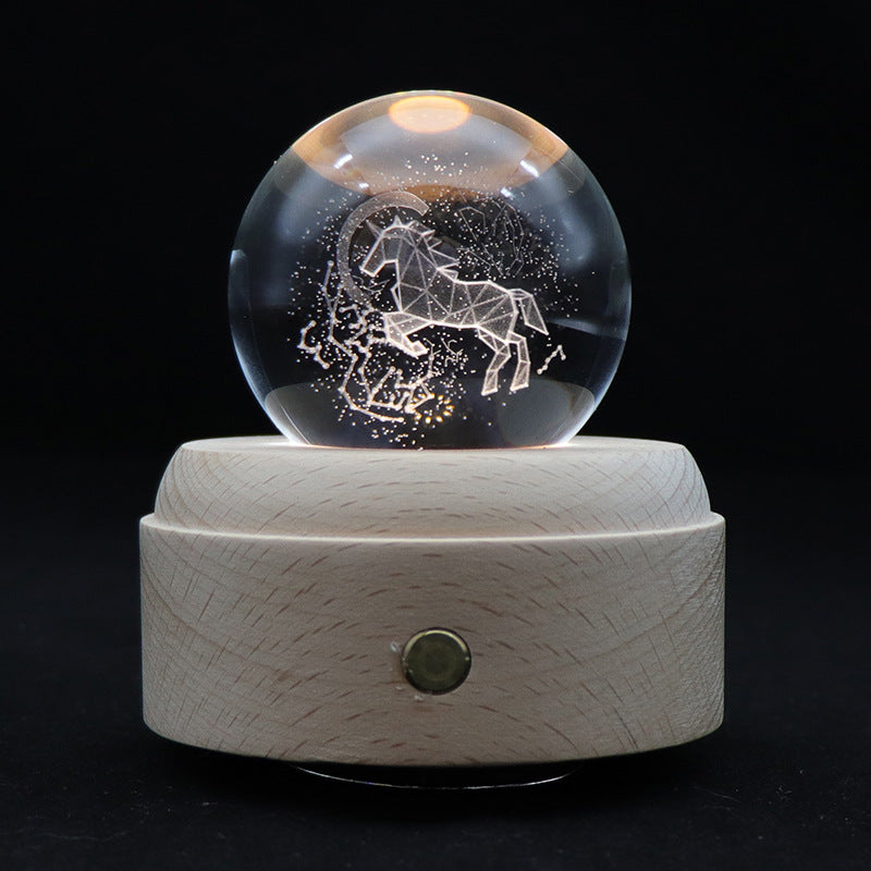 Touch dimming charging night light 3D crystal ball ambient light rotating music box bedroom ornament