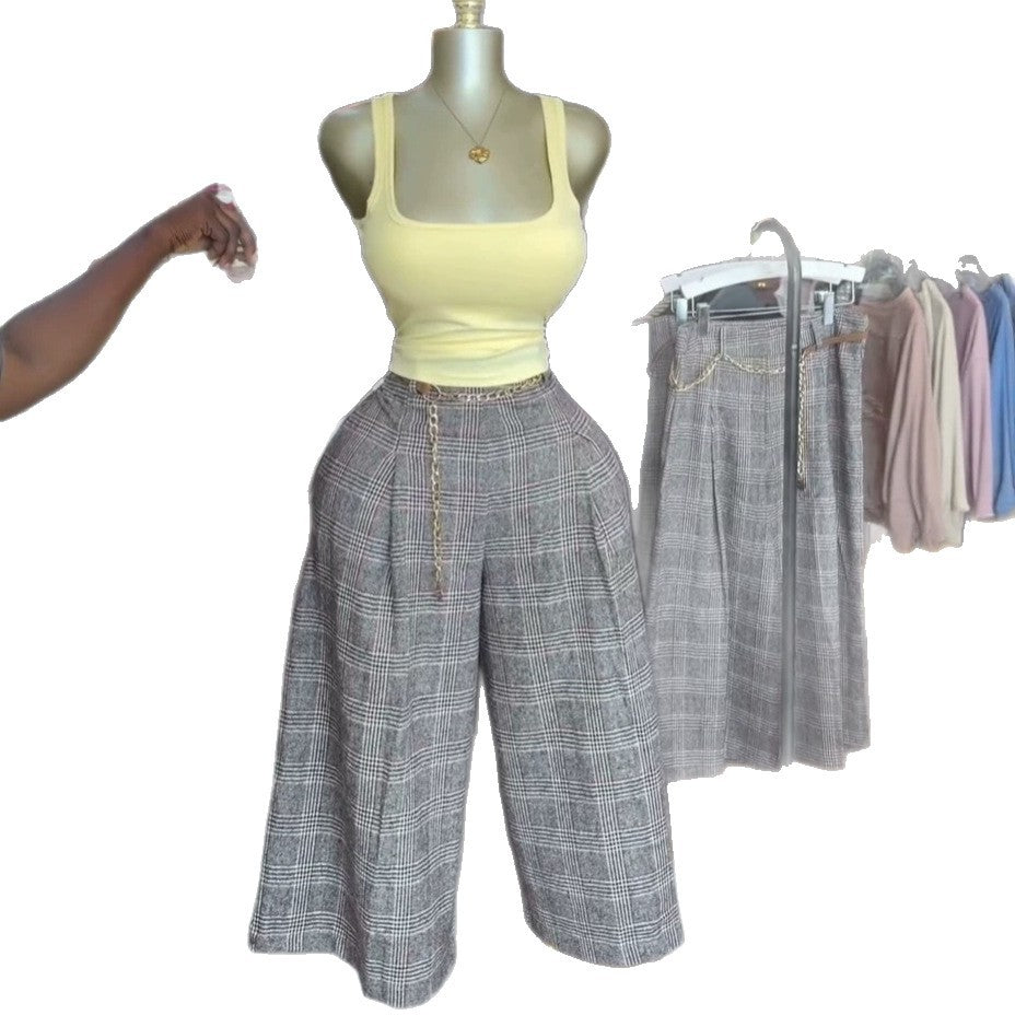 European and american cross-border women's fashion:  summer new arrivals - vintage plaid, loose fit, slimming wide-leg casual pants for petite figures