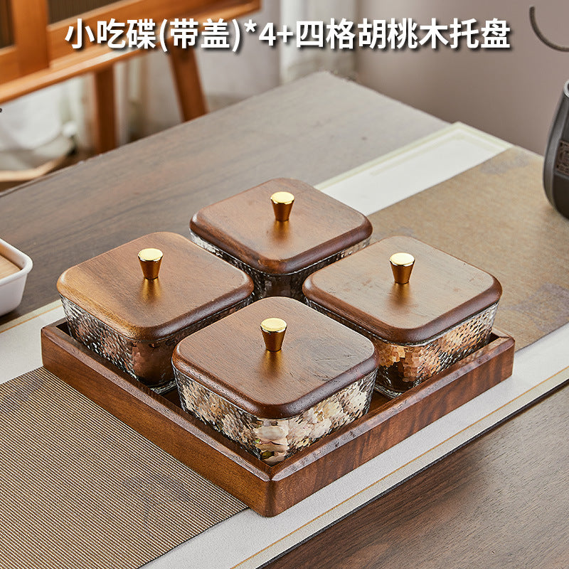 Walnut wood fruit bowl snack storage box - premium glass dried fruit dish - coffee table dessert & candy organizer
