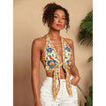 european and american style tropical print halter neck tie deep v backless sleeveless tank top - beach vacation hot girl outfit