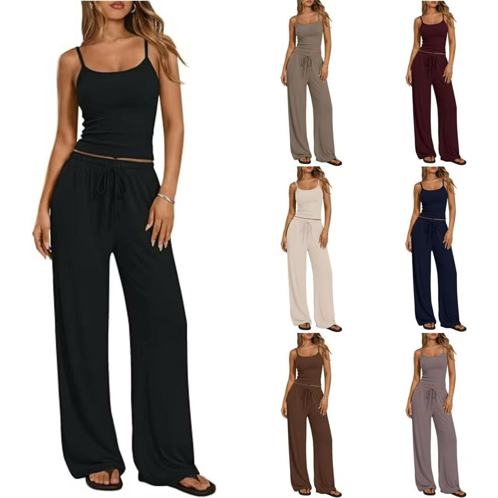 European and american cross-border  foreign trade y2 women's  casual set - solid color camisole and wide-leg pants 2-piece outfit