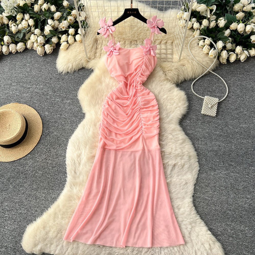Pure desire style suspender pleated mesh sleeveless dress women's summer flower decoration waist slimmingelegant long dress