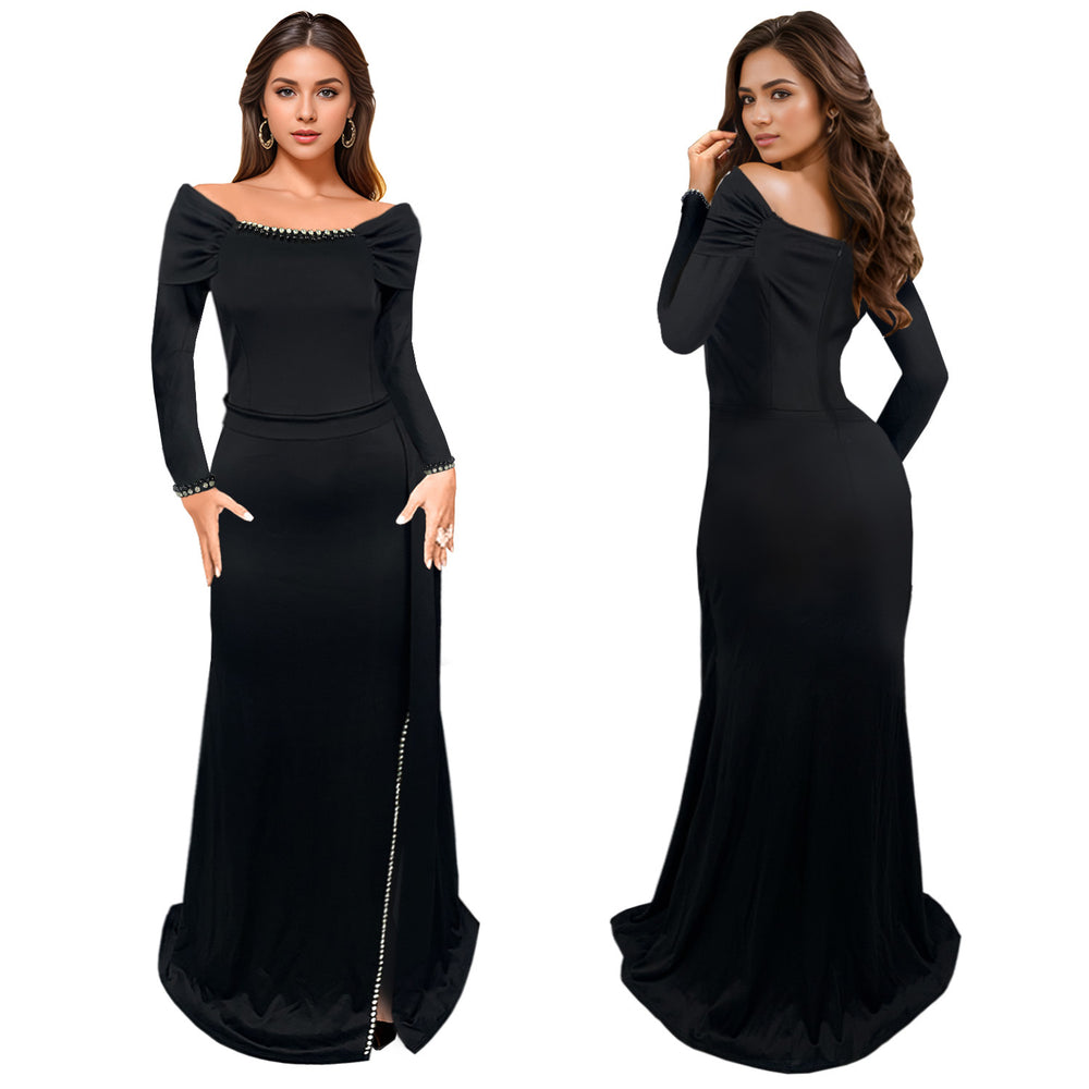 C7283 cross-border   fashion women's elegant slit-midriff evening gown dress