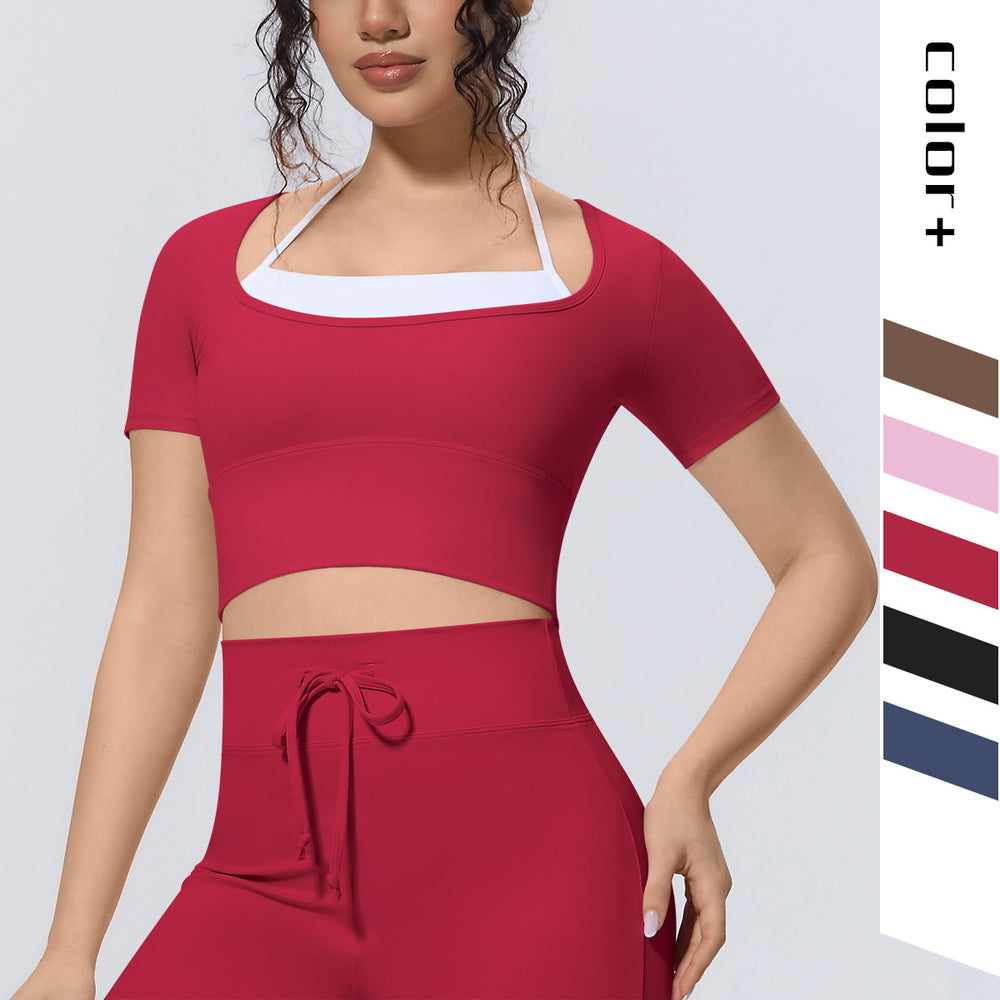 Cloud-feel two-piece look yoga top with built-in bra pads - perfect for outdoor running, fitness, pilates, and activewear