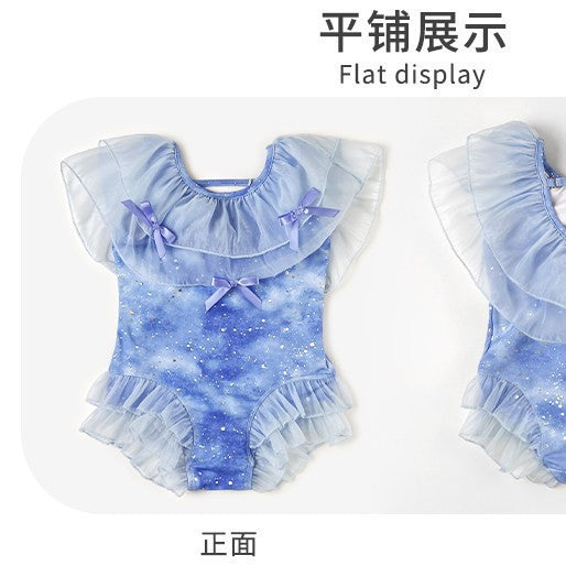 Kids' starry sky one-piece swimsuit, baby girl swimsuit, stylish summer mesh bowknot swimwear, girls' swimsuit