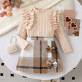 autumn new arrival: round neck ruffle trim princess sleeve top + plaid skirt two-piece set