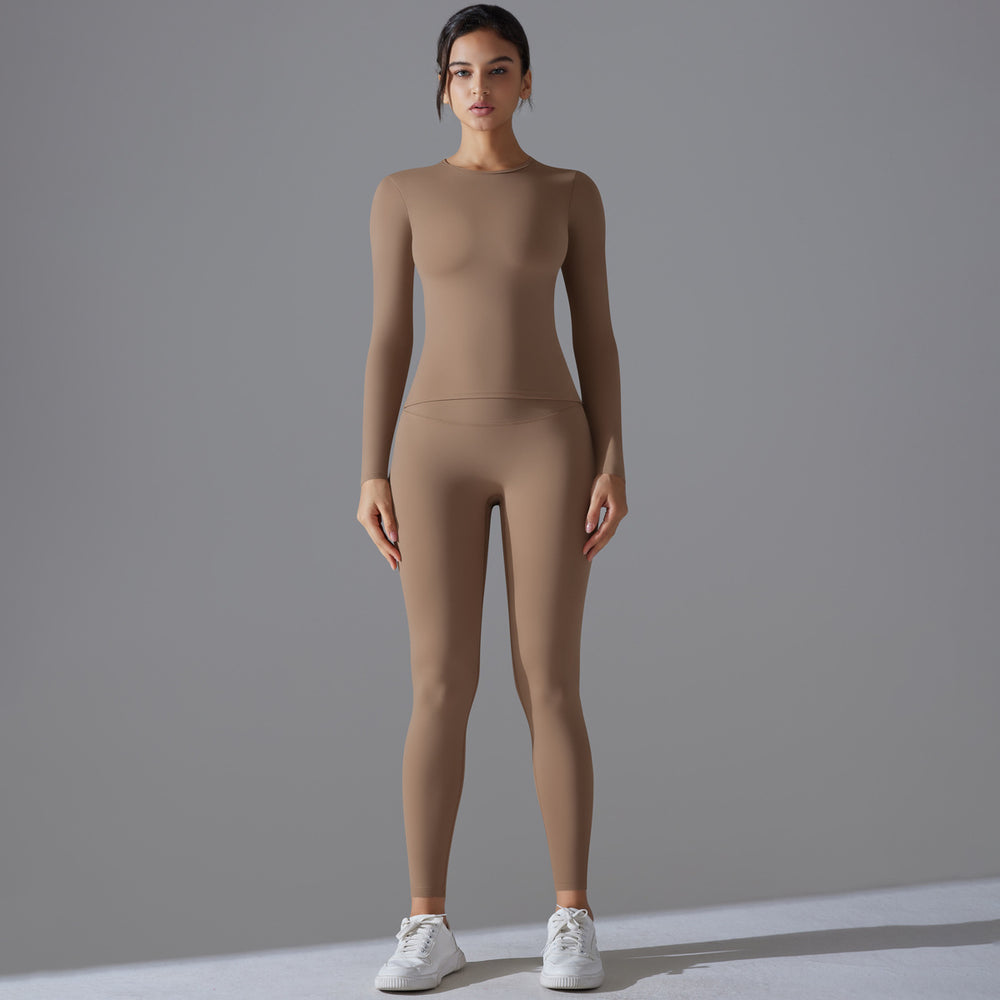 new arrival brushed nylon long sleeves yoga clothes high elastic naked tight sports suit running fitness two-piece set
