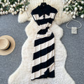 Niche styleretrofashionpolo collar short sleevecontrast colorstripesknittingdress women's waist slit sweater skirt