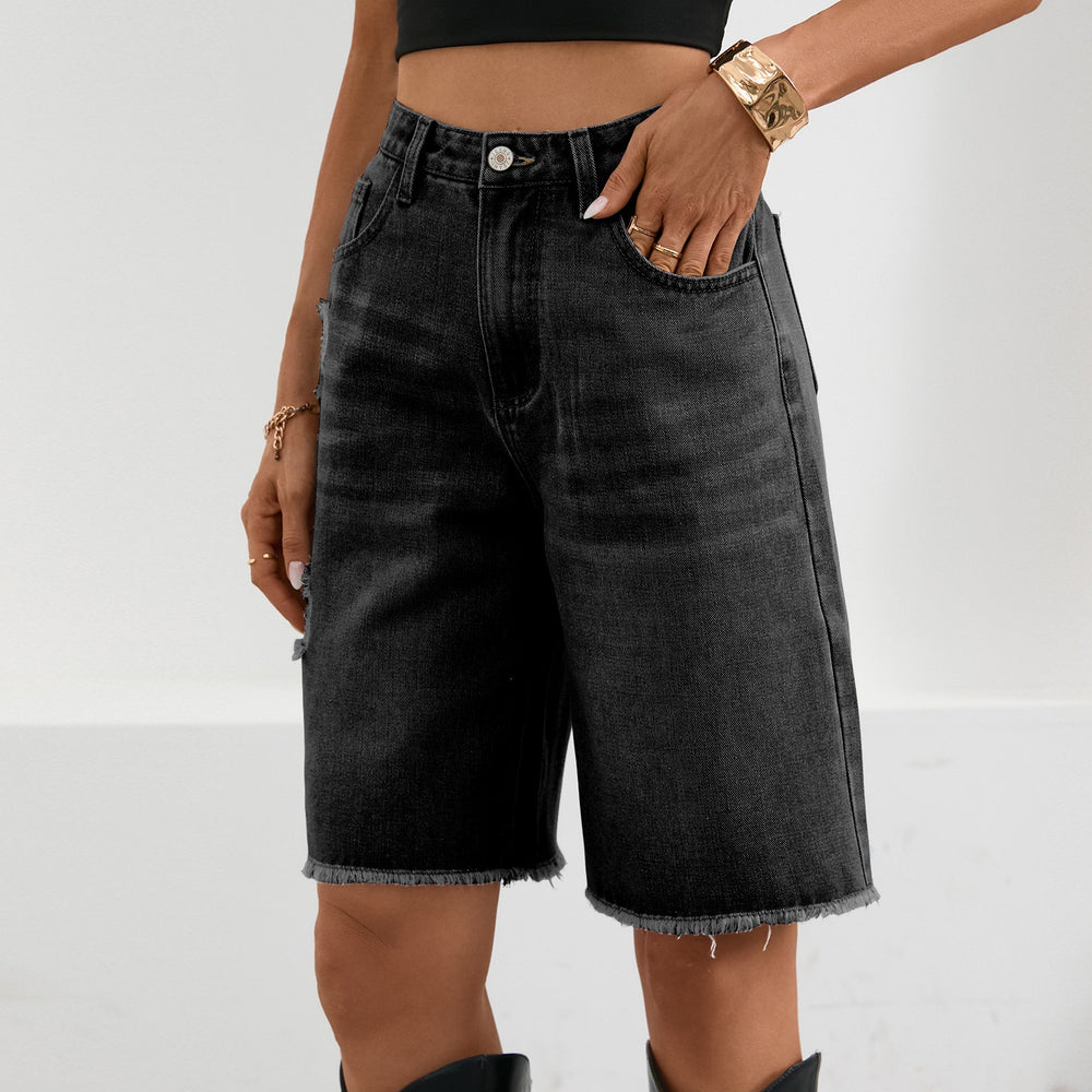 Fashion cross-border foreign trade  independent station denim ripped half-length pants  fashion raw edge tassel jeans
