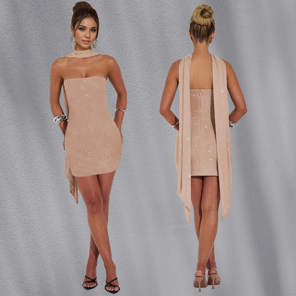 C7188 cross-border   fashion women's sexy slim-fit ribbon rhinestone dress mini skirt