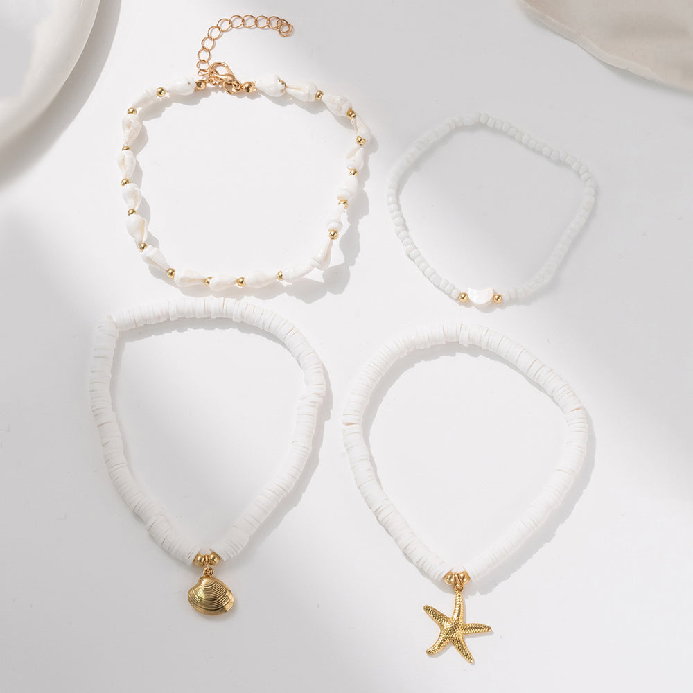 Fashion cross-border vacation style four-piece set shell anklet fashioncasual stacked multi-layered rice beads starfish braided anklet