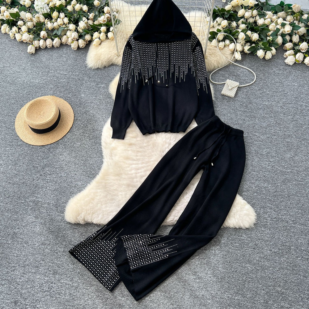 Relaxed and lazy style sweater suit women's autumloose hooded hot diamond knittingtopshigh waistloosestraight-leg pants