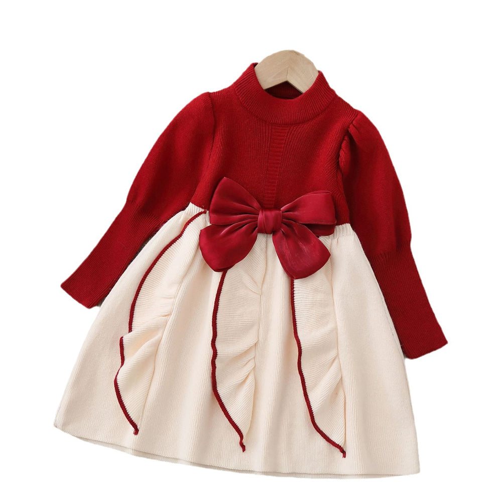 new year's & christmas girls' sweater dress - children's knitted sweater dress with bow detail, sweet & chic style