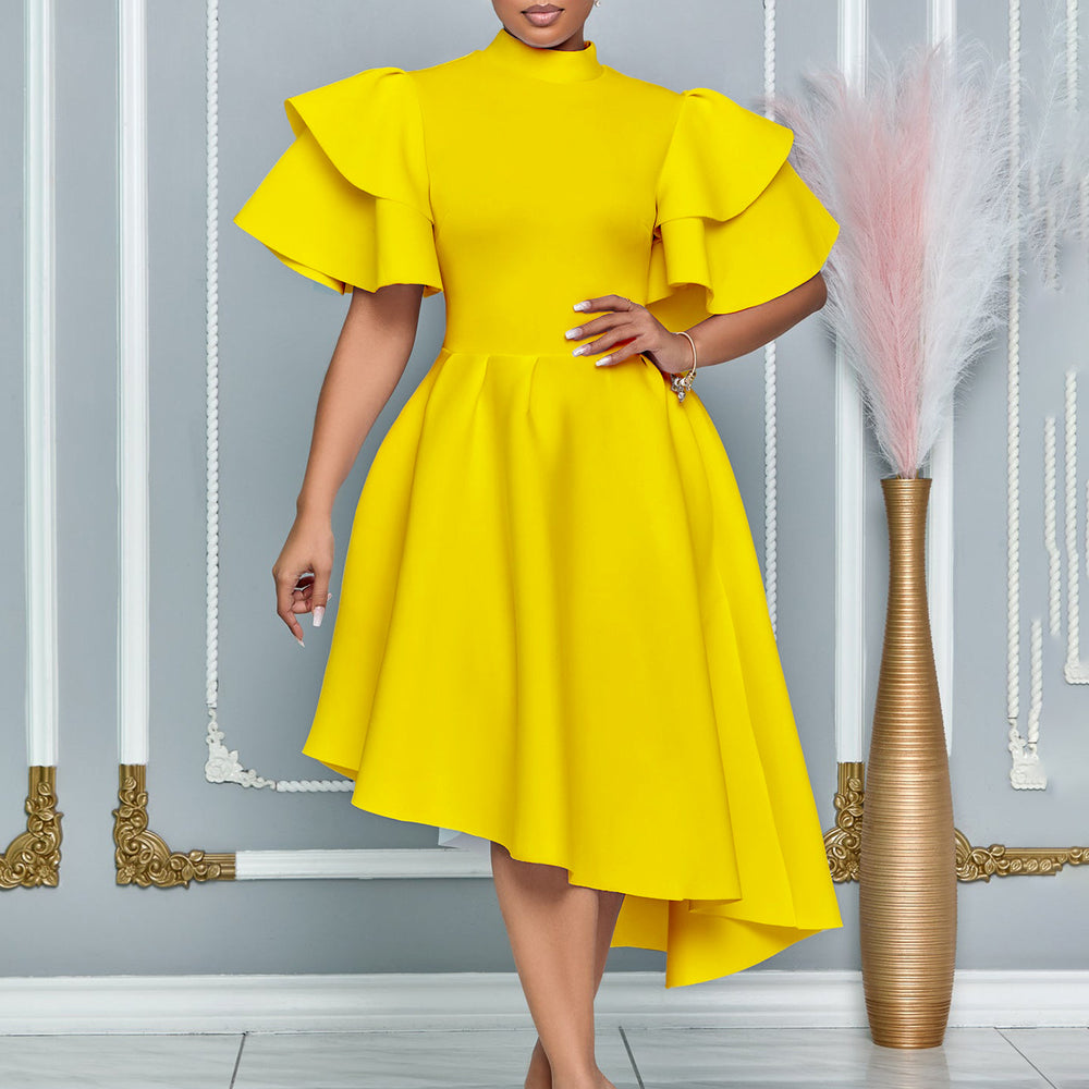 Amazon  summer new fashion elegant flared sleeve solid color banquet dress bridesmaid dress african dress