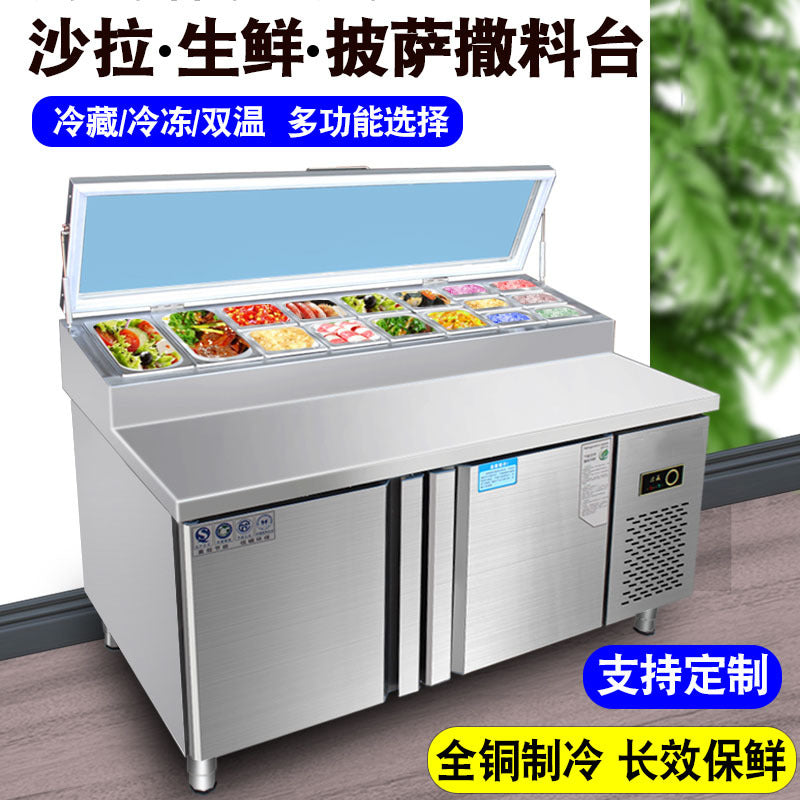 Freezer pizza sprinkling table slotted salad table commercial fruit dessert freezer refrigerated display cabinet operating table