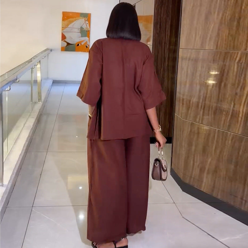 European and american cross-border women's fashion:  autumn new collection - solid color, loose fit, three-quarter sleeve blouse and wide-leg pants set