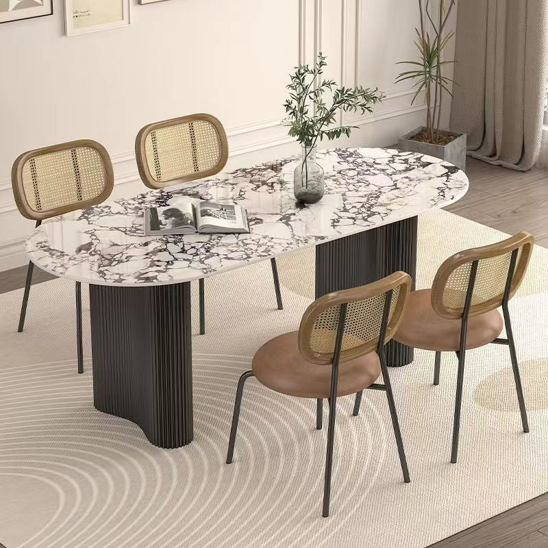 French cream oval dining table with marble top and full baseboard - vintage, high-end, compact, modern, and light luxury dining table for home use