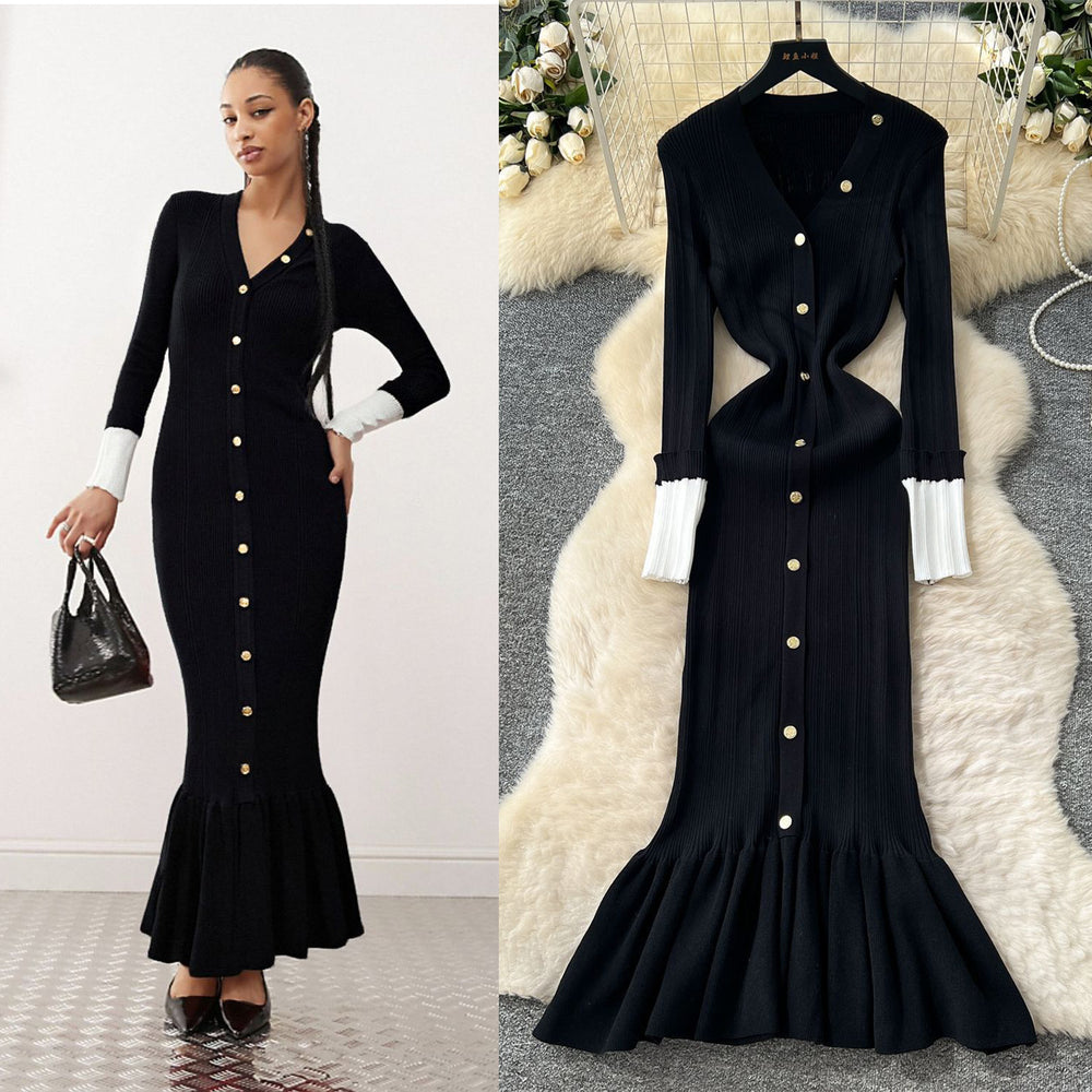 French retro chic v-neck metallic buckle color block long sleeve knit dress - slim fit mermaid maxi dress