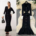French retro chic v-neck metallic buckle color block long sleeve knit dress - slim fit mermaid maxi dress