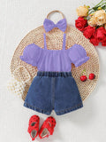hot selling baby girl one shoulder lotus leaf suspender tops+love embroidered denim short suit with headscarf