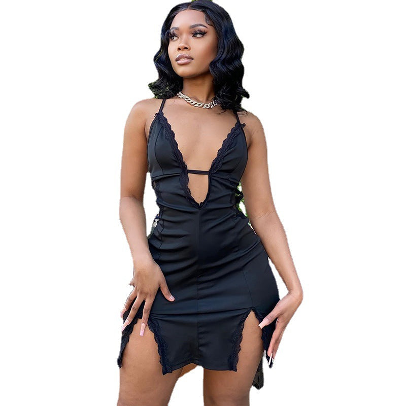 European and american women's clothing cross-border  new style: spaghetti strap, cutout, streetwear lace patchwork, slit, bodycon dress - trendy & sexy
