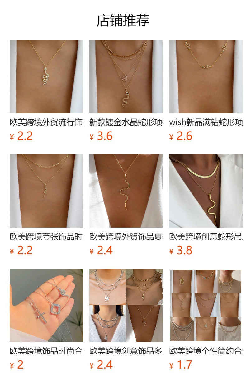 Double layer snake-shaped diamond necklace wholesale european and american cross-border pendant ins creative stylish punk thick chain clavicle chain for women
