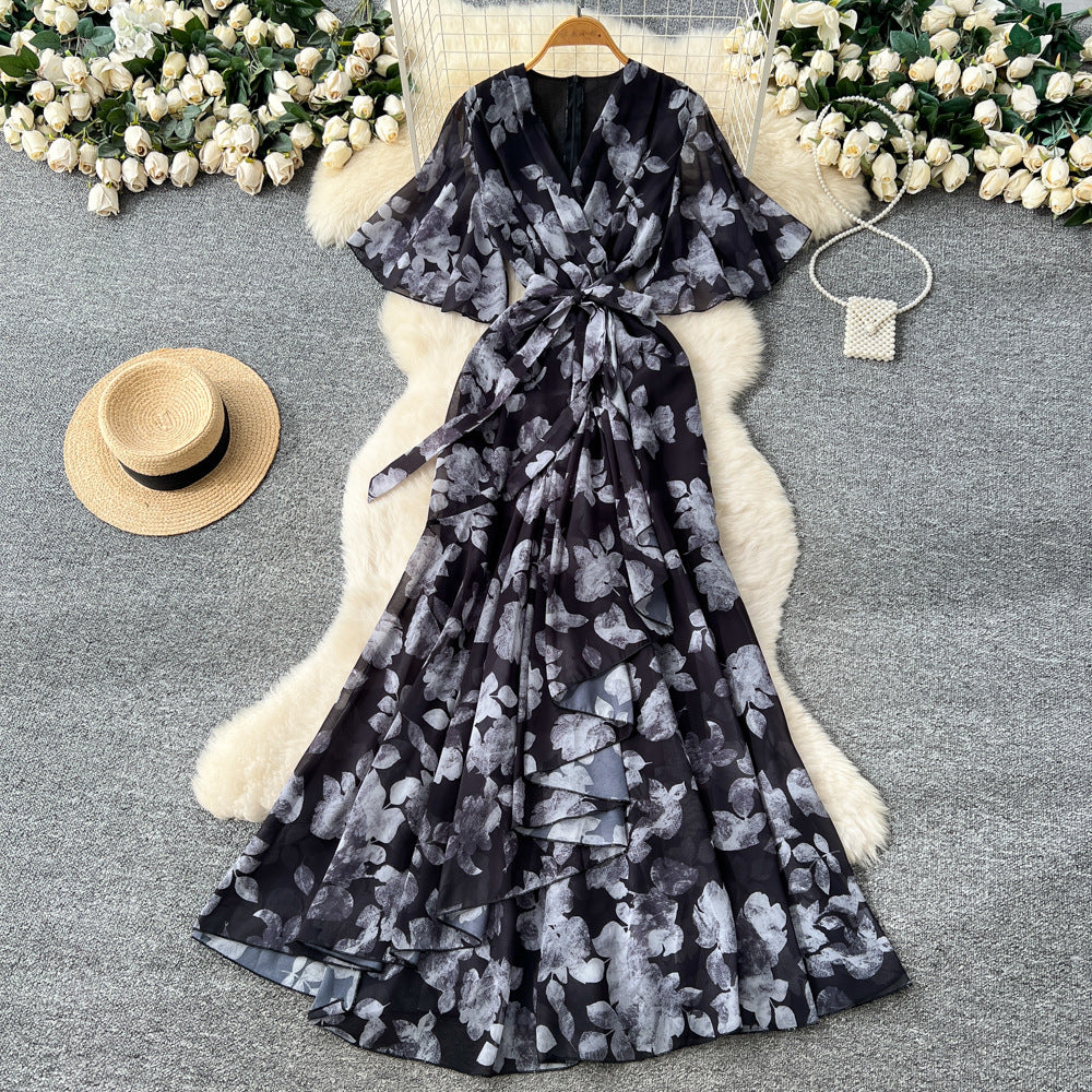 Women's spring dress : french chic tie-waist v-neck asymmetrical print chiffon maxi dress