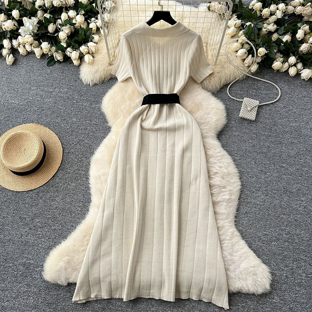 Frenchretropolo collar short-sleeved button cardiganknittingdress women's waist slimming look inner sweater skirt long skirt