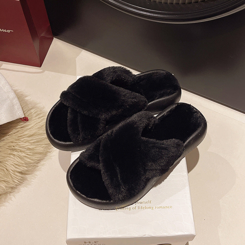 2024 new fuzzy slippers for women, korean style, trendy ins design, winter 2024 home comfort, one-strap cotton slippers for women