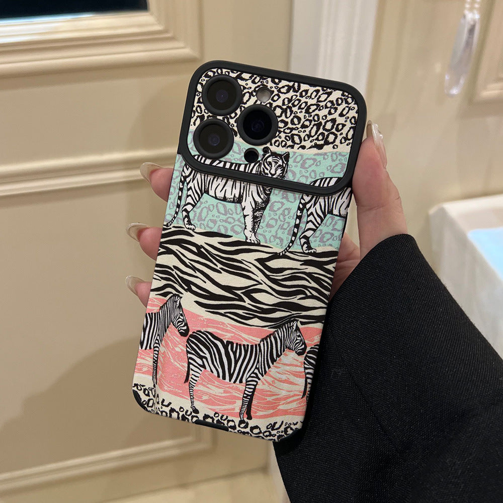 American retro zebra leopard print case for apple iphone 17 plus large window soft shell iphone 16 animal print patchwork phone case