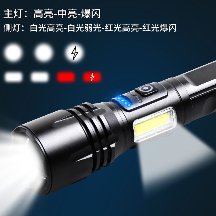 Cross-border new XHP50 telescopic zoom Type-Cusb charging side light COB red and white outdoor LED flashlight