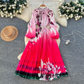 European and american style high-end beaded and printed pleated dress - women's gradient korean style long sleeve pearl button pleated maxi dress - commute friendly