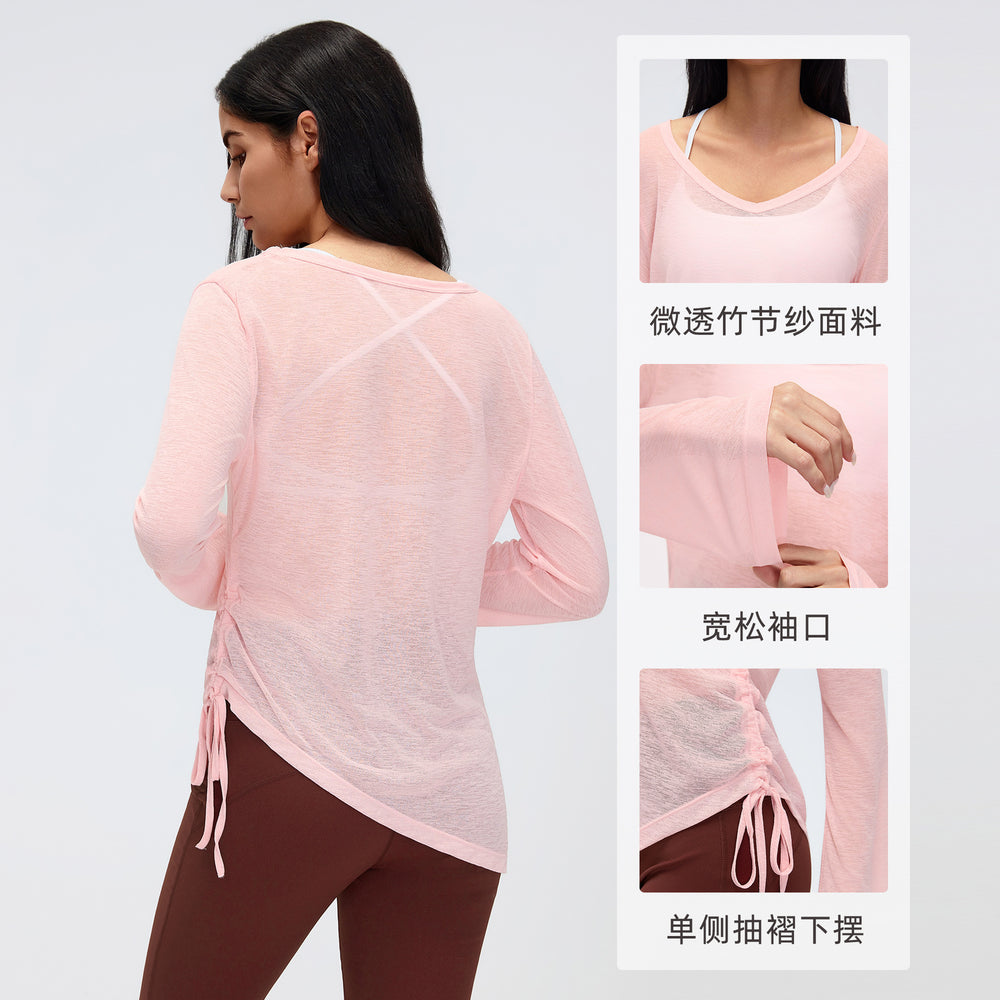 Loose-fit women's long-sleeve sports top - v-neck drawstring waist slimming yoga shirt - casual fitness long-sleeve tee d26100