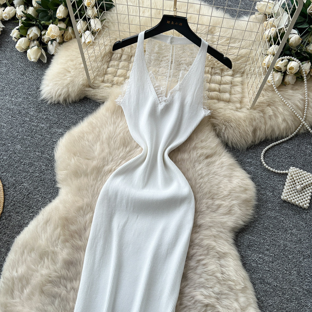 Korean style sleeveless white a-line dress for women - summer lace see-through high waist slimming slit maxi dress
