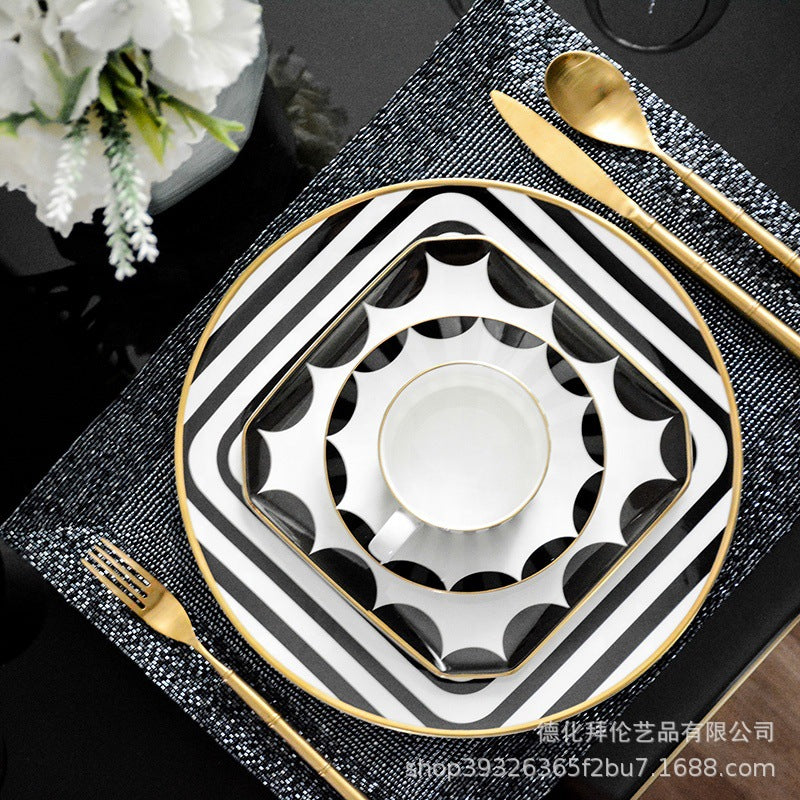 Minimalist nordic gold-trimmed western dinner plate creative tableware ceramic model room club steak plate black and white geometric set