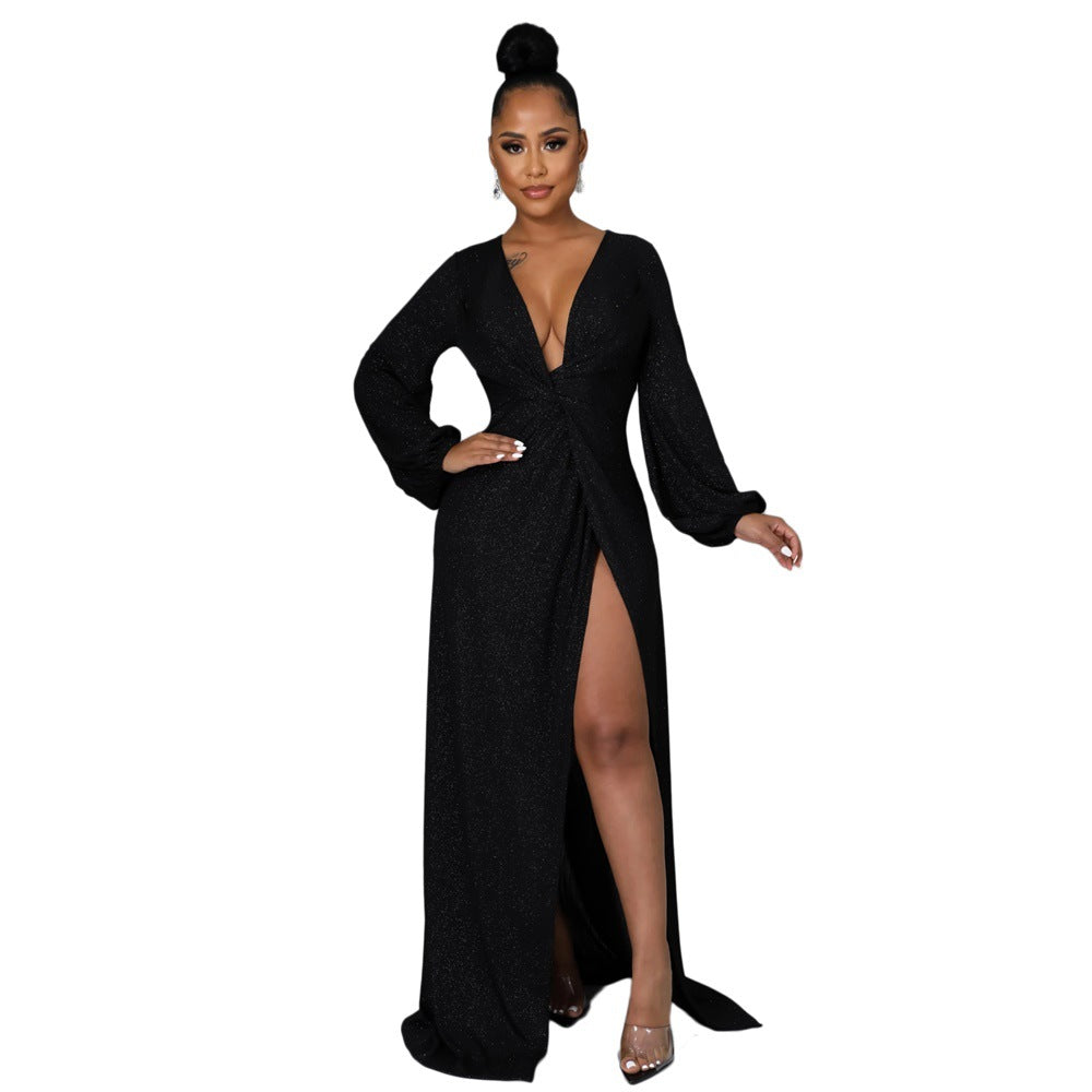 9571 European and American   solid silver thread flash deep V temperament women's dress