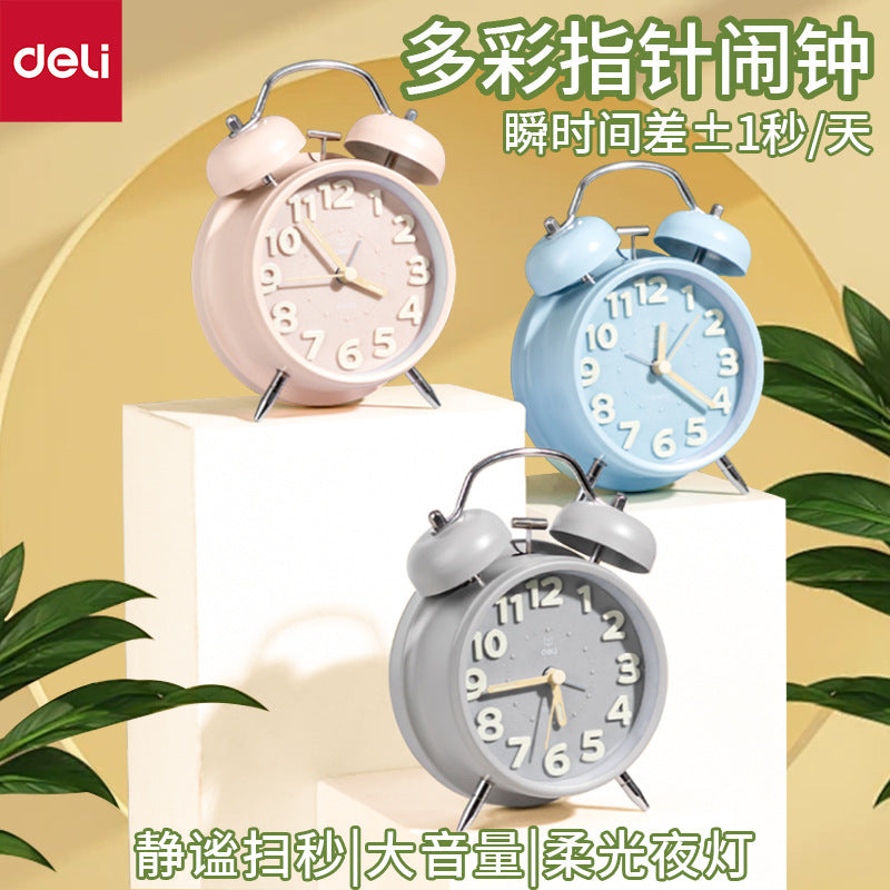 Deli 9036 Children's Alarm Clock Simple Bedroom Office Silent Luminous Lighting Metal Tapping Alarm Clock