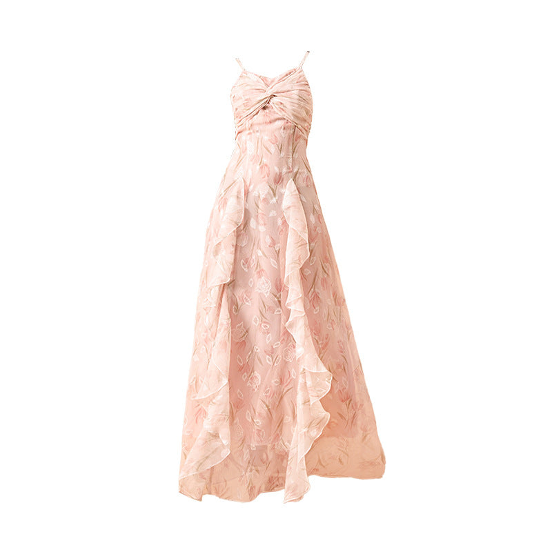 Ready-to-ship cross-border youth apparel: floral chiffon camisole dress, slim-fit plus size women's fashion, elegant and stylish dress
