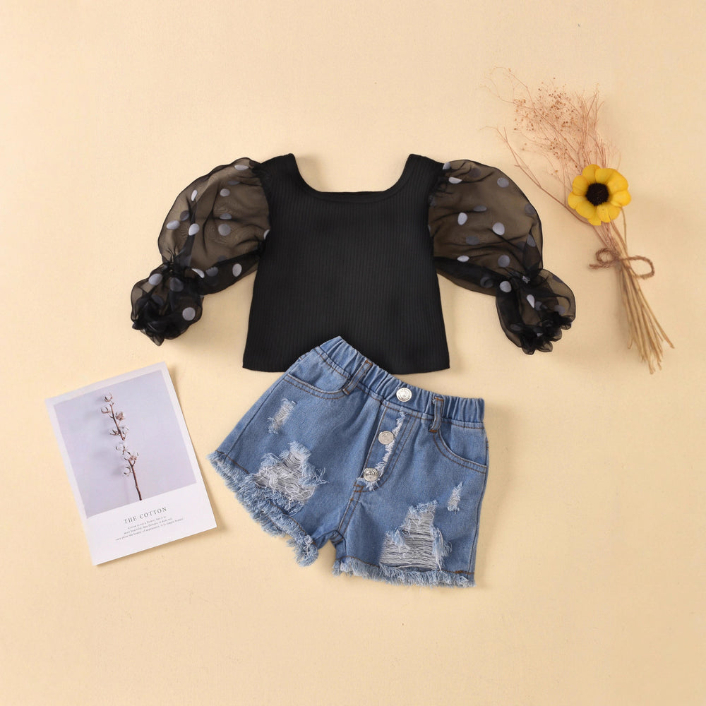 Aliexpress best selling children's clothing mesh patchwork solid color clothes ripped raw edge jeans children's suit cross-border exclusive supply
