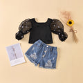 Aliexpress best selling children's clothing mesh patchwork solid color clothes ripped raw edge jeans children's suit cross-border exclusive supply