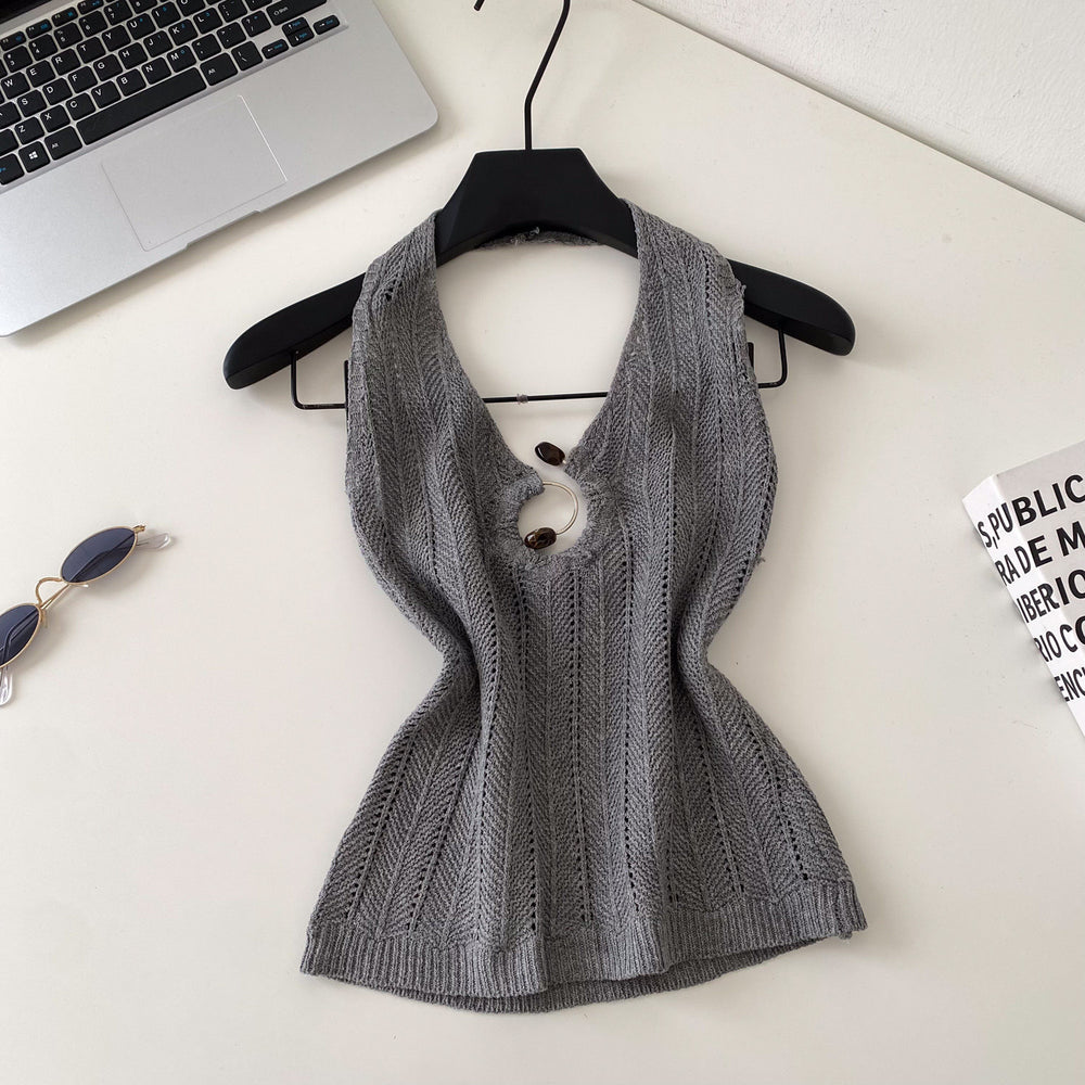 Korean style halter knit cutout camisole - women's summer outerwear, designer cutout slim fit, commute chic top