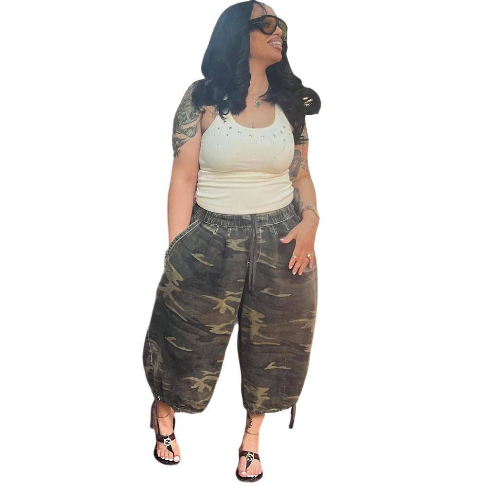 European and american style loose camouflage cropped jeans -  cross-border women's streetwear fashion wide leg denim pants