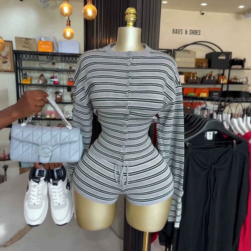 European and american cross-border women's clothing  summer new casual striped crew neck slim fit cardigan high waist shorts fashion set