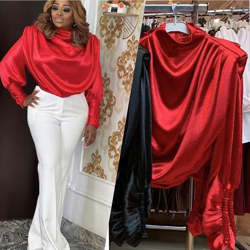 Special offer supply export women's woven topsfashionloose high collar long sleevesslimming lookshorttopsfashion popular