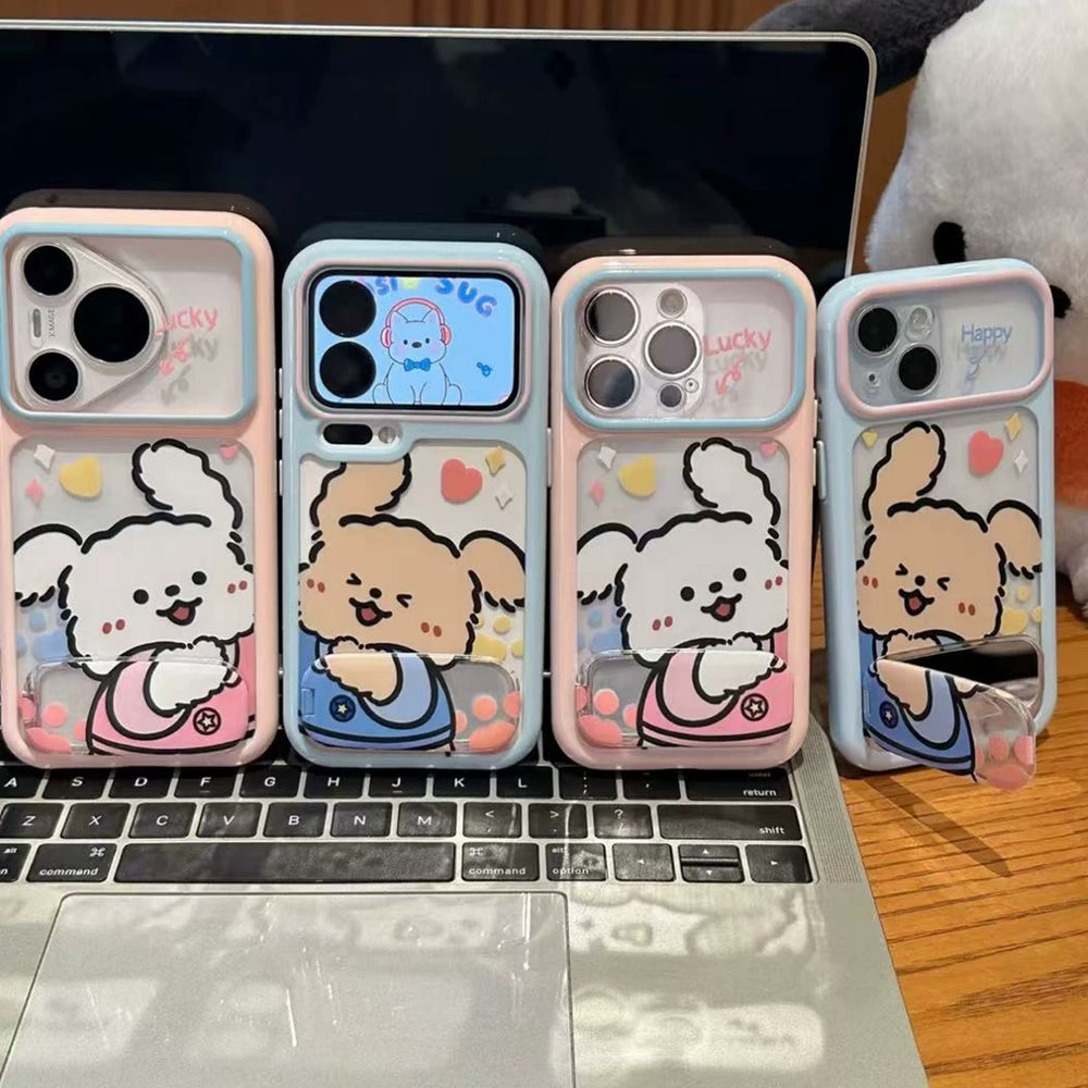 Suitable for apple 17 mobile phone case, soft and cute, healing, contrasting color frame, cartoon couple, puppy, heart, iphone18 hard case