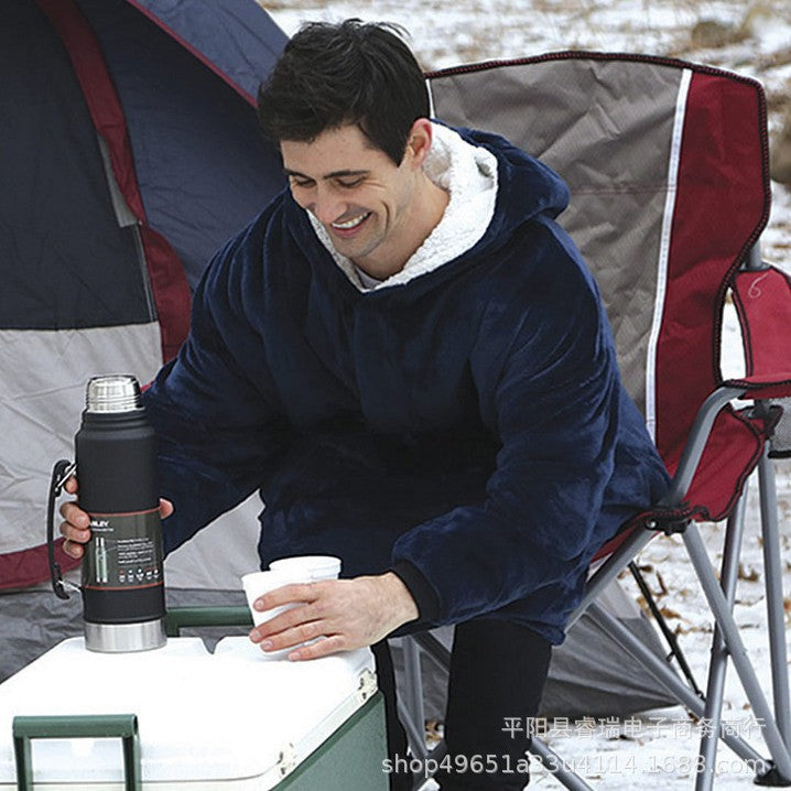 Outdoor cold-proof coral velvet pajamas pullover fleece jacket hooded lazy tv blanket nightgown pullover tv blanket