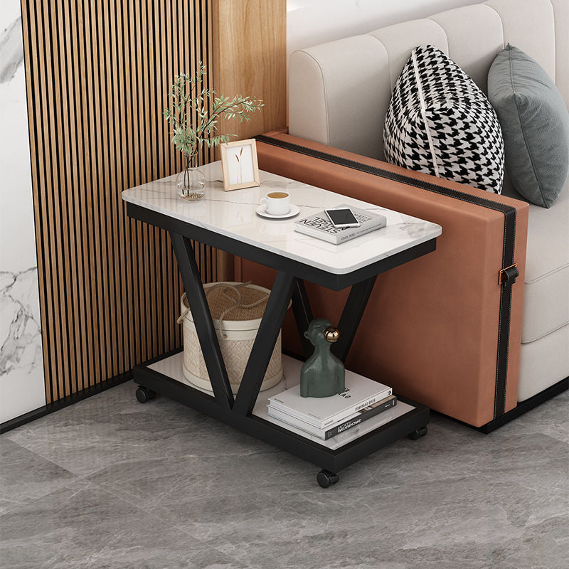 Nordic sofa side side side cabinet rock slab small coffee table with wheels side table double layer mobile small table corner bedside table