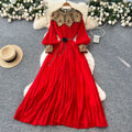 Frenchclassyelegance heavy industry embroidered beads sequin patchwork lantern sleeves straps waist pleated dress women's long skirt